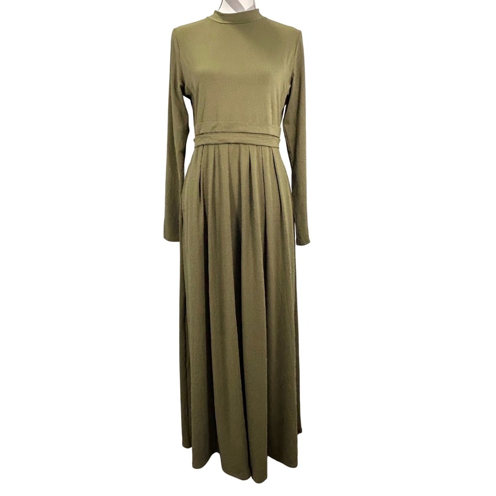 Halara Olive Green Mock Neck Long Sleeve Pleated Maxi Dress Womens Large NWT - Picture 1 of 7